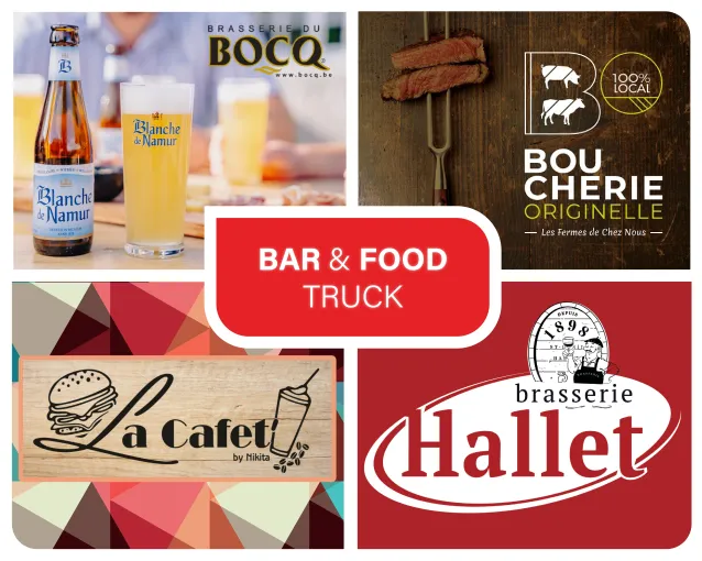 visuel représentant les logos des différents prestataires présent la boucherie originelle, la blanche de namur en collaboration avec la brasserie du Bocq, le brasseur hallet et le food truck la Cafet