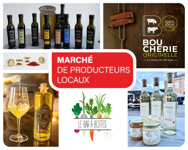 visuel des exposants présent au marché des producteurs de la JDE : Alvenat, Boucherie Originelle, L'histoire d'anhony avec son or Gin et son safran, le bar à bottes et le miel l'hydromel d'un apiculteur locale